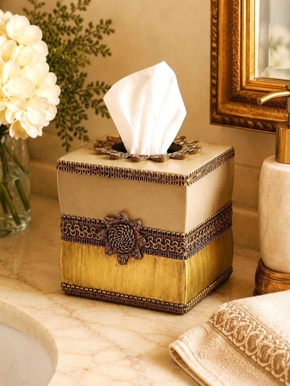 Avanti Linens Braided Medallion Tissue Box Cover Gold Beige Ornate